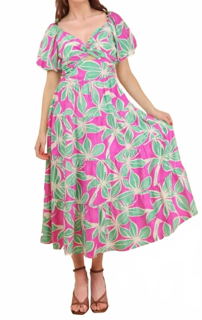 NEW VERY J women's kate floral puff sleeve cutout midi dress in green pink